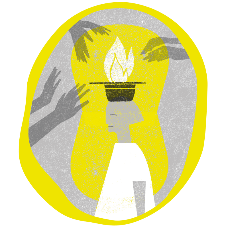 Una ilustración abstracta titulada "Relumbra", que representa a una persona con una llama en la cabeza, rodeada de manos extendidas. La combinación de colores amarillo y gris del fondo evoca creatividad e ideas. Una ilustración abstracta titulada "Relumbra", que representa a una persona con una llama en la cabeza, rodeada de manos extendidas. La combinación de colores amarillo y gris del fondo evoca creatividad e ideas.