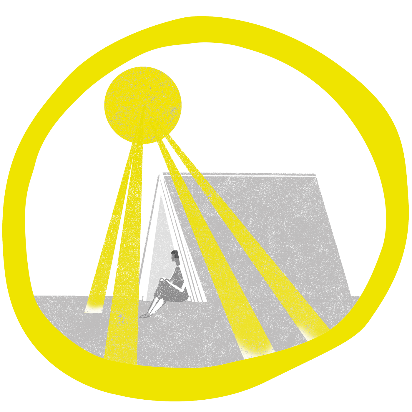 Una persona se relaja dentro de una tienda de campaña mientras los brillantes rayos de sol amarillos brillan desde un gran sol, creando "La buena sombra". La escena está ilustrada en un estilo minimalista con una combinación de colores gris y amarillo. Una persona se relaja dentro de una tienda de campaña mientras los brillantes rayos de sol amarillos brillan desde un gran sol, creando "La buena sombra" La escena está ilustrada en un estilo minimalista con una combinación de colores gris y amarillo