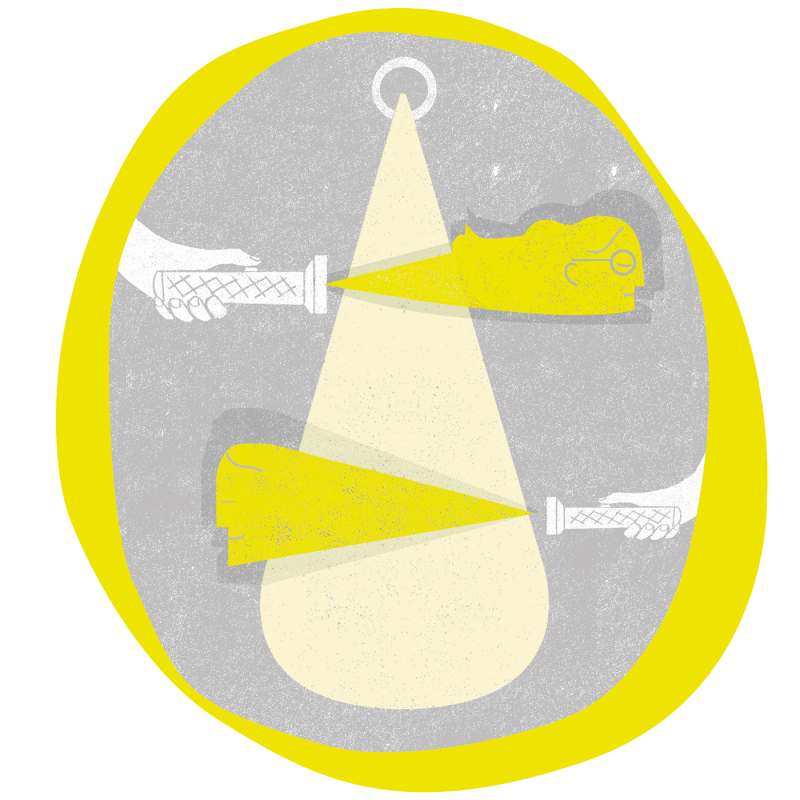 Ilustración abstracta de dos manos que se apuntan con linternas amarillas y proyectan rayos de luz superpuestos. El fondo es gris texturizado con un borde circular amarillo. Ilustración abstracta de dos manos que se apuntan con linternas amarillas y proyectan rayos de luz superpuestos. El fondo es gris texturizado con un borde circular amarillo.