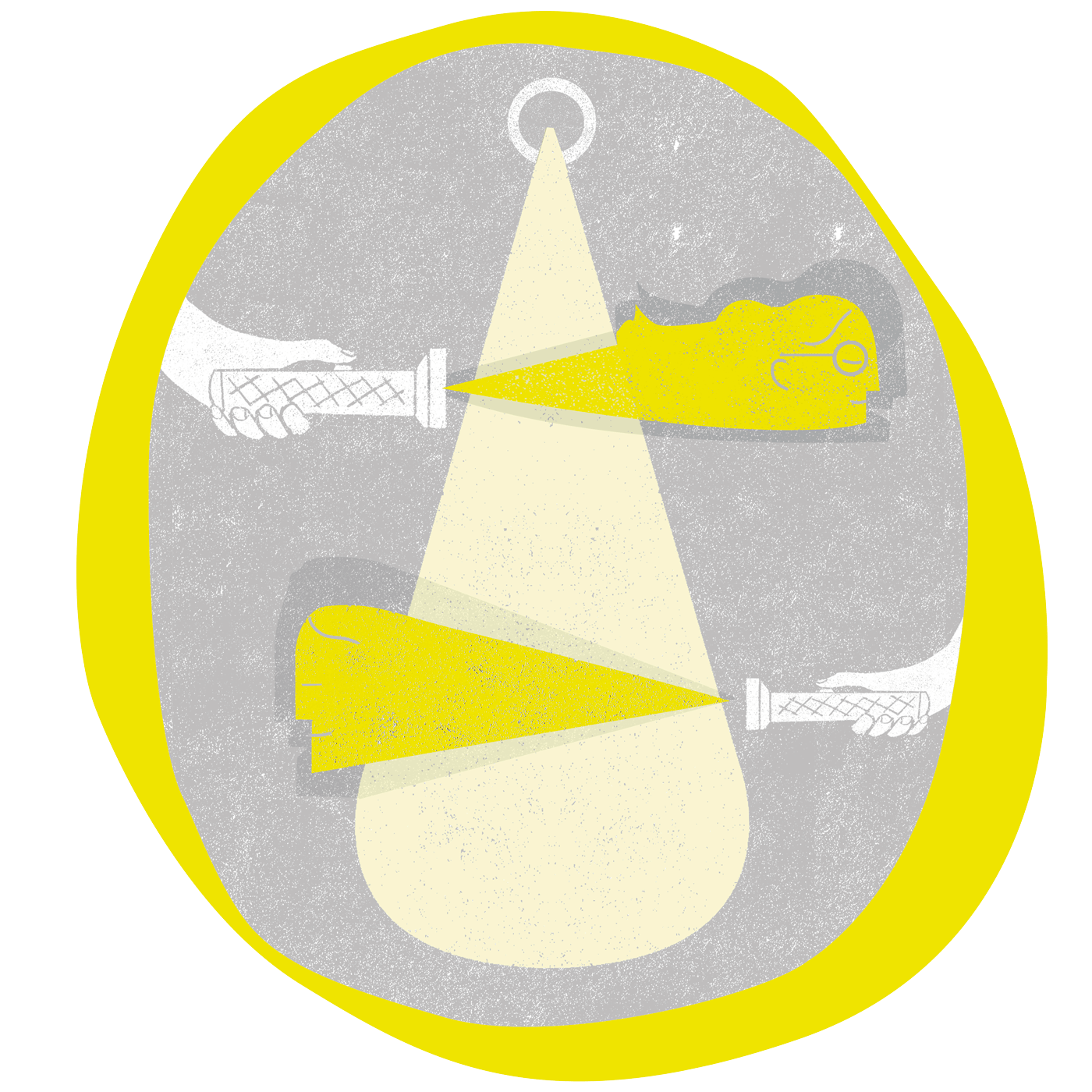 Ilustración abstracta de dos manos que se apuntan con linternas amarillas y proyectan rayos de luz superpuestos. El fondo es gris texturizado con un borde circular amarillo. Ilustración abstracta de dos manos que se apuntan con linternas amarillas y proyectan rayos de luz superpuestos El fondo es gris texturizado con un borde circular amarillo