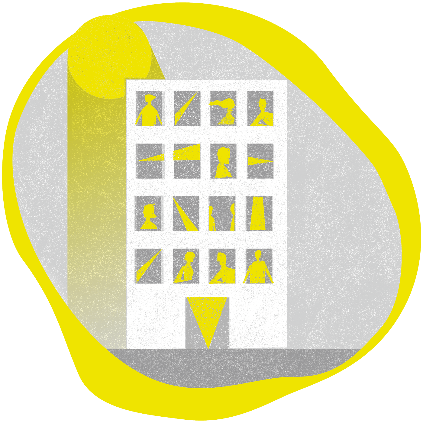 Ilustración de un edificio gris con múltiples ventanas, cada una de las cuales revela siluetas de figuras sombreadas. Un gran sol amarillo brilla desde la parte superior izquierda, proyectando luz y sombras misteriosas. El fondo está acentuado con un borde amarillo vibrante. Ilustración de un edificio gris con múltiples ventanas, cada una de las cuales revela siluetas de figuras sombreadas Un gran sol amarillo brilla desde la parte superior izquierda, proyectando luz y sombras misteriosas El fondo está acentuado con un borde amarillo vibrante