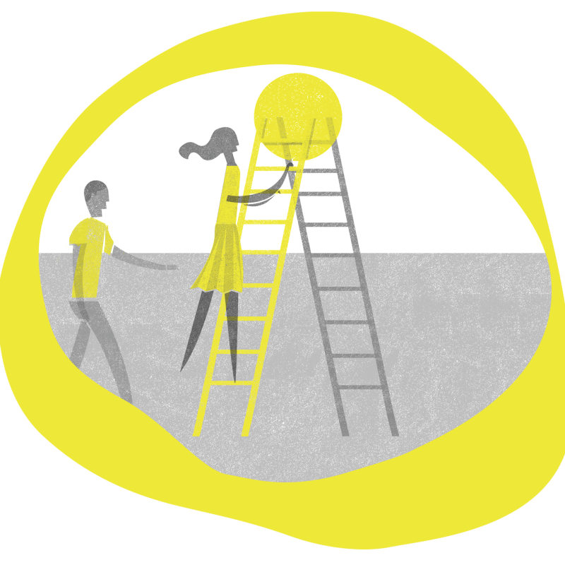 Ilustración de una persona en una escalera que intenta alcanzar un círculo amarillo brillante, similar a Relumbra, mientras otra persona se encuentra cerca. El fondo gris opaco contrasta con la gran forma irregular amarilla que envuelve la escena. Ilustración de una persona en una escalera que intenta alcanzar un círculo amarillo brillante, similar a Relumbra, mientras otra persona se encuentra cerca. El fondo gris opaco contrasta con la gran forma irregular amarilla que envuelve la escena.