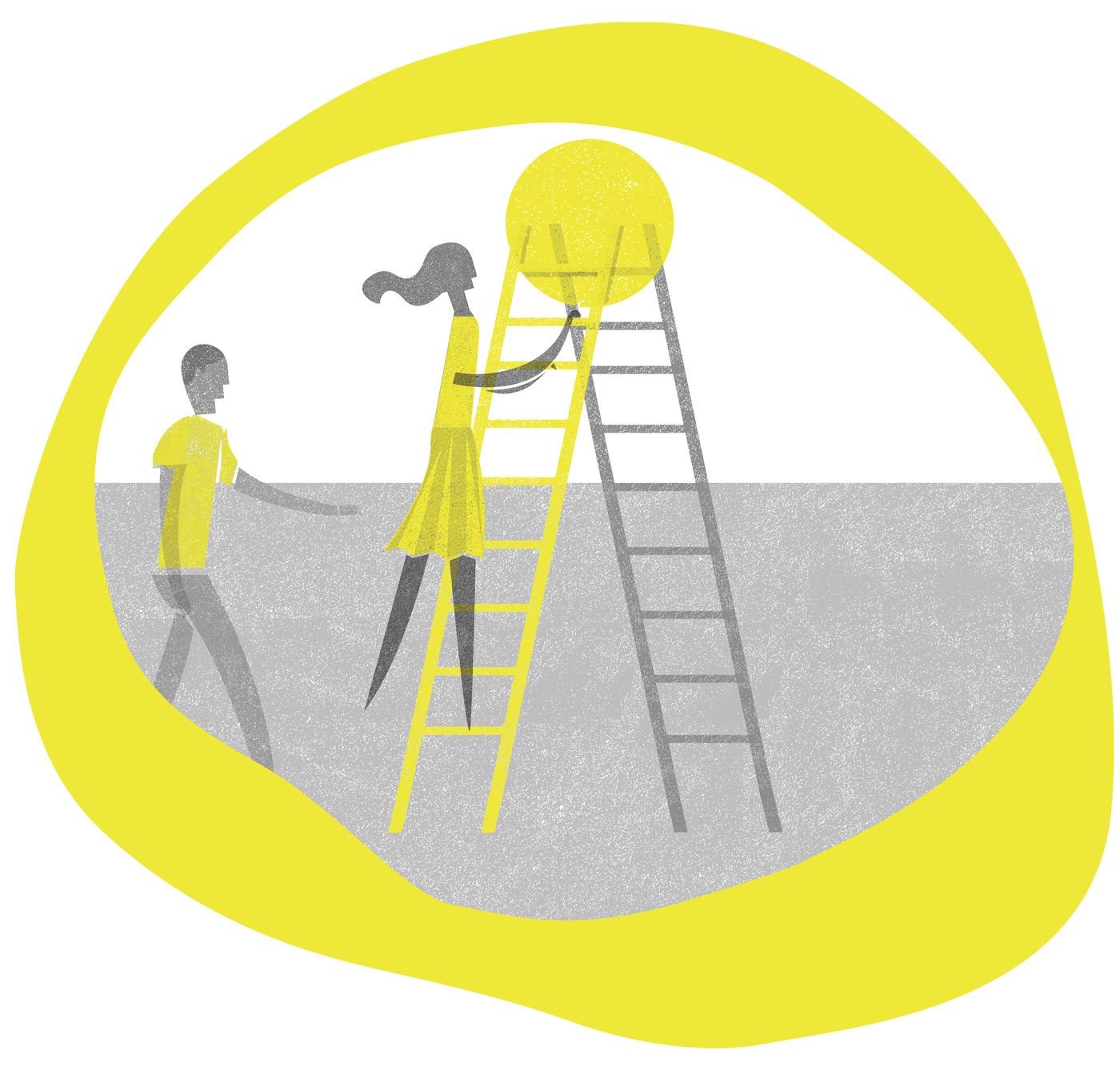 Ilustración de una persona en una escalera que intenta alcanzar un círculo amarillo brillante, similar a Relumbra, mientras otra persona se encuentra cerca. El fondo gris opaco contrasta con la gran forma irregular amarilla que envuelve la escena. Ilustración de una persona en una escalera que intenta alcanzar un círculo amarillo brillante, similar a Relumbra, mientras otra persona se encuentra cerca El fondo gris opaco contrasta con la gran forma irregular amarilla que envuelve la escena