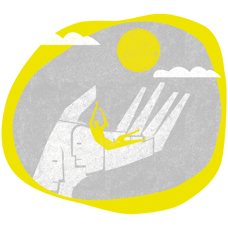 Ilustración abstracta con una gran mano compuesta por dos caras, que sostiene una figura amarilla que descansa bajo el sol. La escena está rodeada por un borde amarillo relumbra con dos nubes cerca, sobre un fondo gris texturizado, que captura el proceso individual. Ilustración abstracta con una gran mano compuesta por dos caras, que sostiene una figura amarilla que descansa bajo el sol. La escena está rodeada por un borde amarillo relumbra con dos nubes cerca, sobre un fondo gris texturizado, que captura el proceso individual.