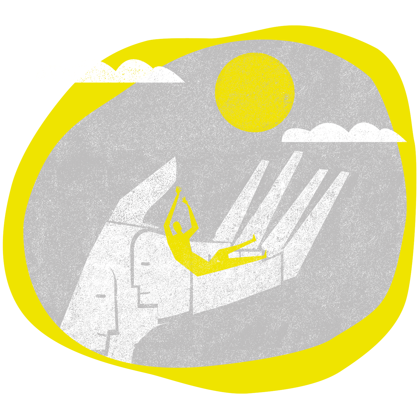Ilustración abstracta con una gran mano compuesta por dos caras, que sostiene una figura amarilla que descansa bajo el sol. La escena está rodeada por un borde amarillo relumbra con dos nubes cerca, sobre un fondo gris texturizado, que captura el proceso individual. Ilustración abstracta con una gran mano compuesta por dos caras, que sostiene una figura amarilla que descansa bajo el sol La escena está rodeada por un borde amarillo relumbra con dos nubes cerca, sobre un fondo gris texturizado, que captura el proceso individual